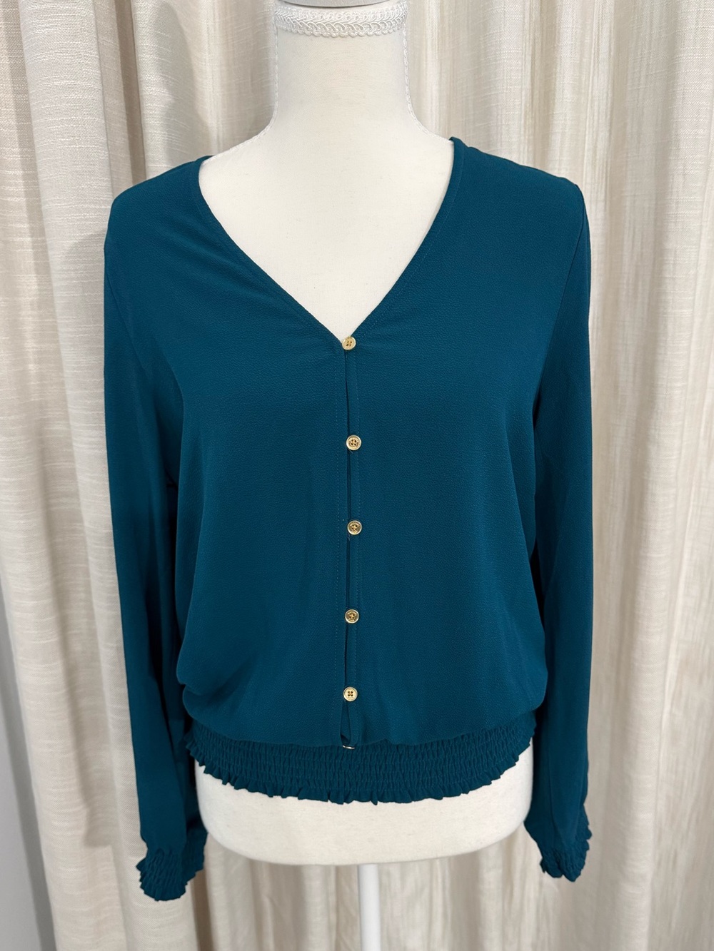 Michael Kors Teal Button-Front V-Neck Long Sleeve Top